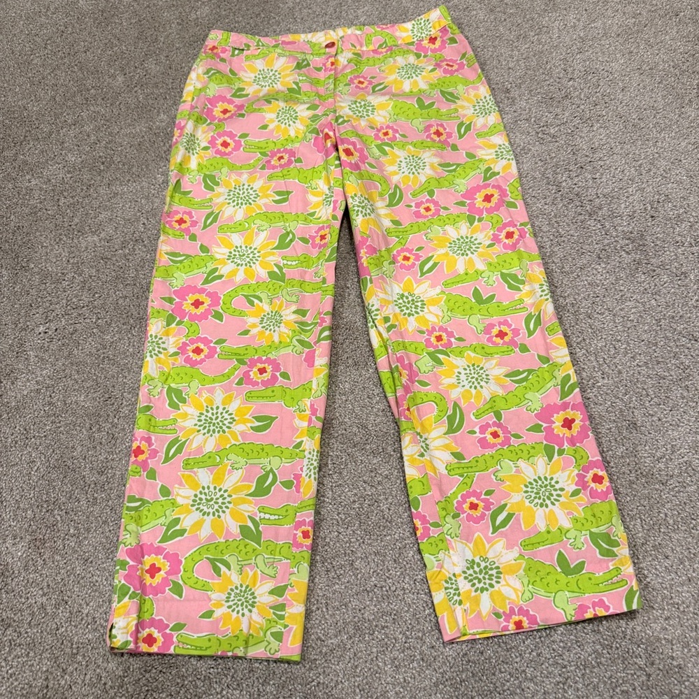 Vintage Lilly Pulitzer Croc Pink Green Alligator Floral Crop Pants Resort Wear 4